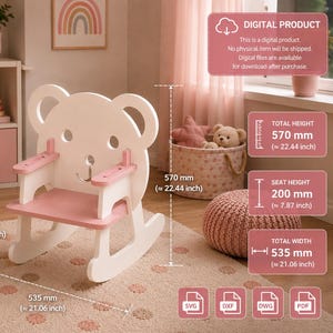 Può includere: Una sedia a dondolo in legno bianco e rosa a forma di orso. La sedia ha un'altezza totale di 570 mm, un'altezza della seduta di 200 mm e una larghezza totale di 535 mm. È un prodotto digitale con file disponibili in formato SVG, DXF, DWG e PDF.