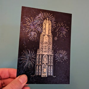 bijzondere kaart, blauwdruk met de domtoren in goud, goed voor kerst of oud en nieuw.