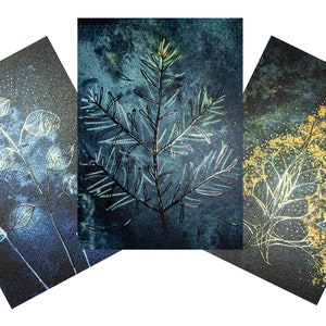 3 pack kerstkaarten botanische blauwdruk met goudfolie
