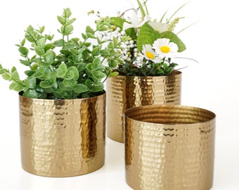 Gold Metal Hammered Cylindrical Planter for Home Decor | Decorative Plant Pot for Indoor Living Room | Golden, Mother's Day Gift