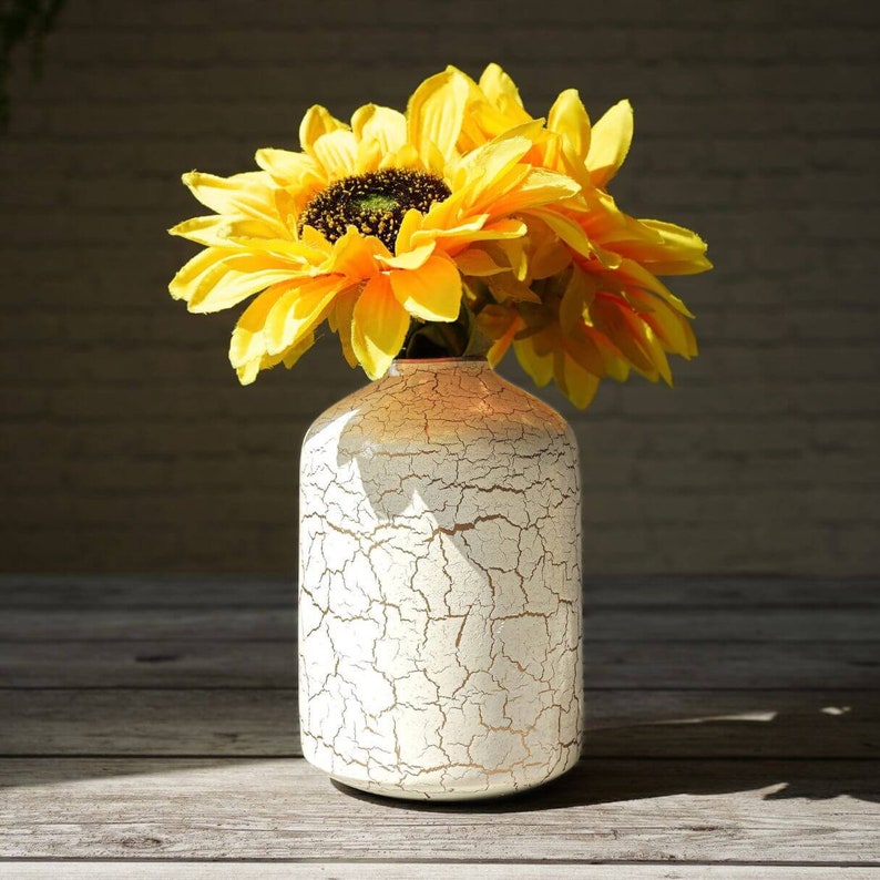 Metal Flower Vase, Polka dots/Crackled Off-White Boho theme Vase, Gift Vase, Handmade Flower Vase, Birthday Gift, Flowers NOT Included image 1