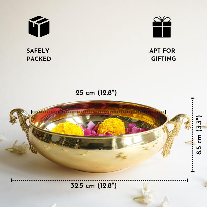 Ethnic Carved Peacock Design 9.5 Inches Brass Urli for Floating Flowers