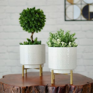 Hand Hammered White Metal Planter for Home Decor | Decorative Plant Pot for Indoor Living Room | Birthday Gift | White Pot with Gold Stand