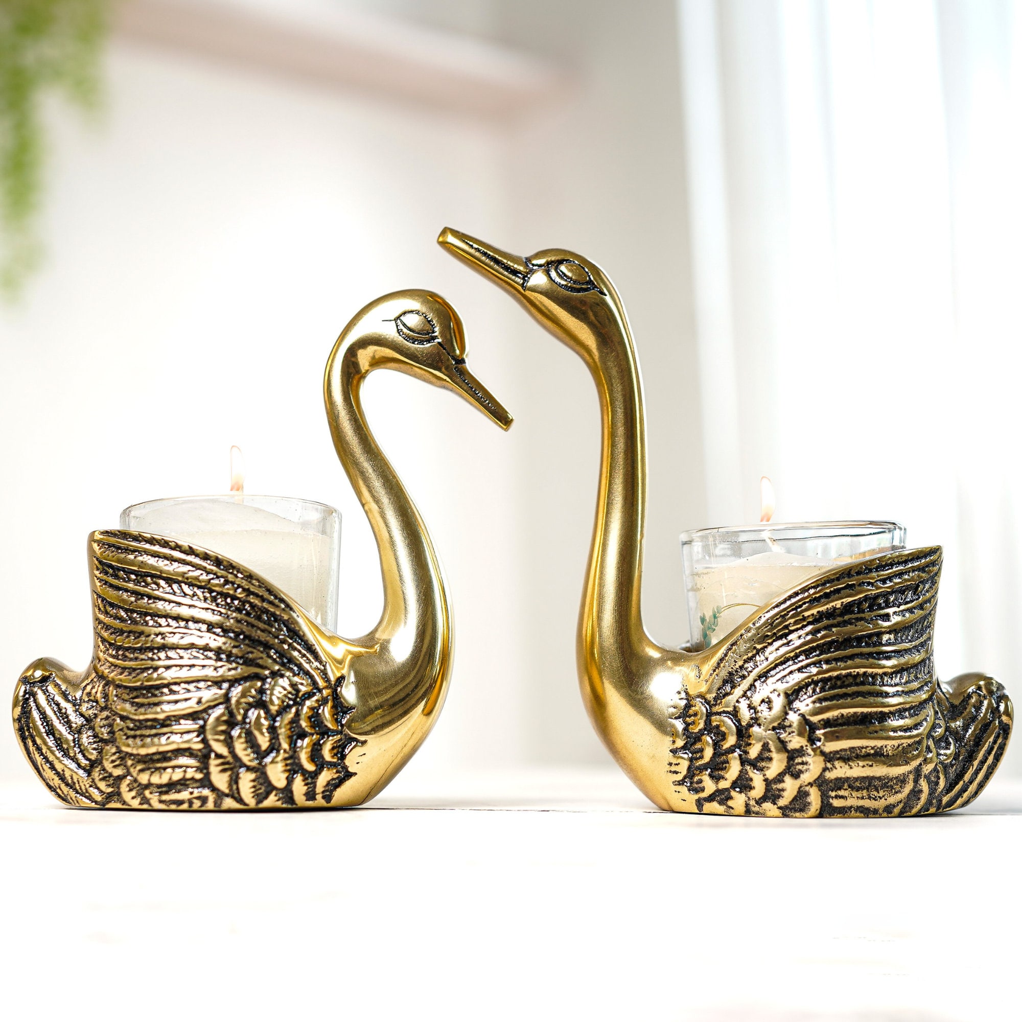 Pair of Swans Figurine, Swan Candle Holders, Kissing Swan Statue