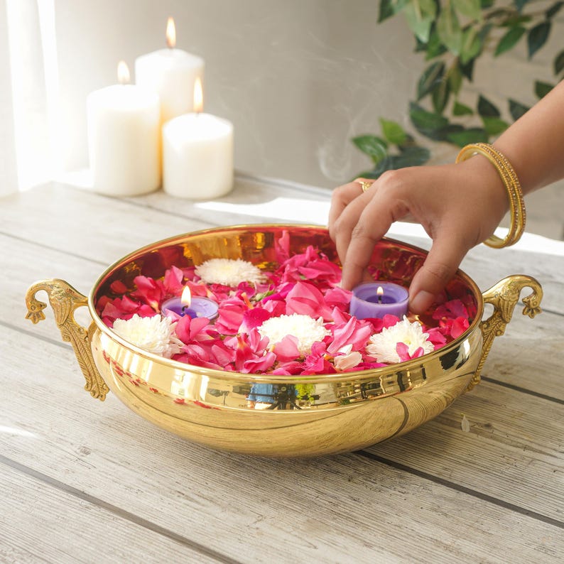 Ethnic Carved Peacock Design 9.5 Inches Brass Urli for Floating Flowers