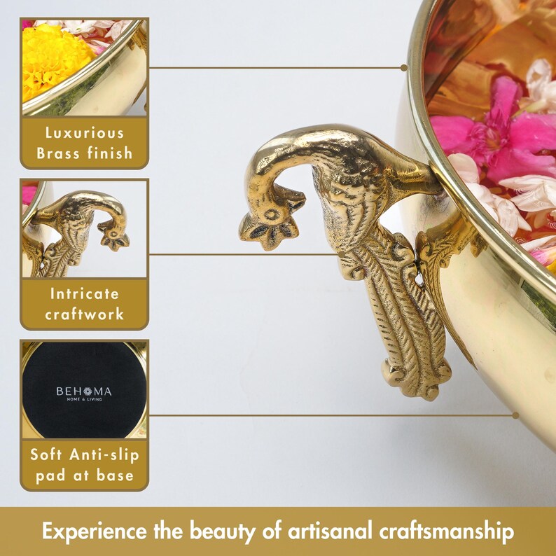 Ethnic Carved Peacock Design 9.5 Inches Brass Urli for Floating Flowers