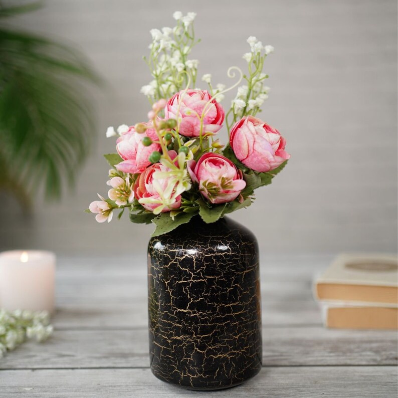 Metal Flower Vase, Polka dots/Crackled Off-White Boho theme Vase, Gift Vase, Handmade Flower Vase, Birthday Gift, Flowers NOT Included Black Crackled