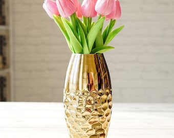 Behoma Golden Hammered Metal Vase for Home Decor, Decorative for Indoor Living Room, Corner Vase, Boho Décor, Gift for Valentine's