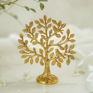 Brass Kalpavriksha Tree- 6inch Super Fine Brass Tree, Tree of Life Sculpture with Golden Roots for Home, office, Gifts, Entrance Decor