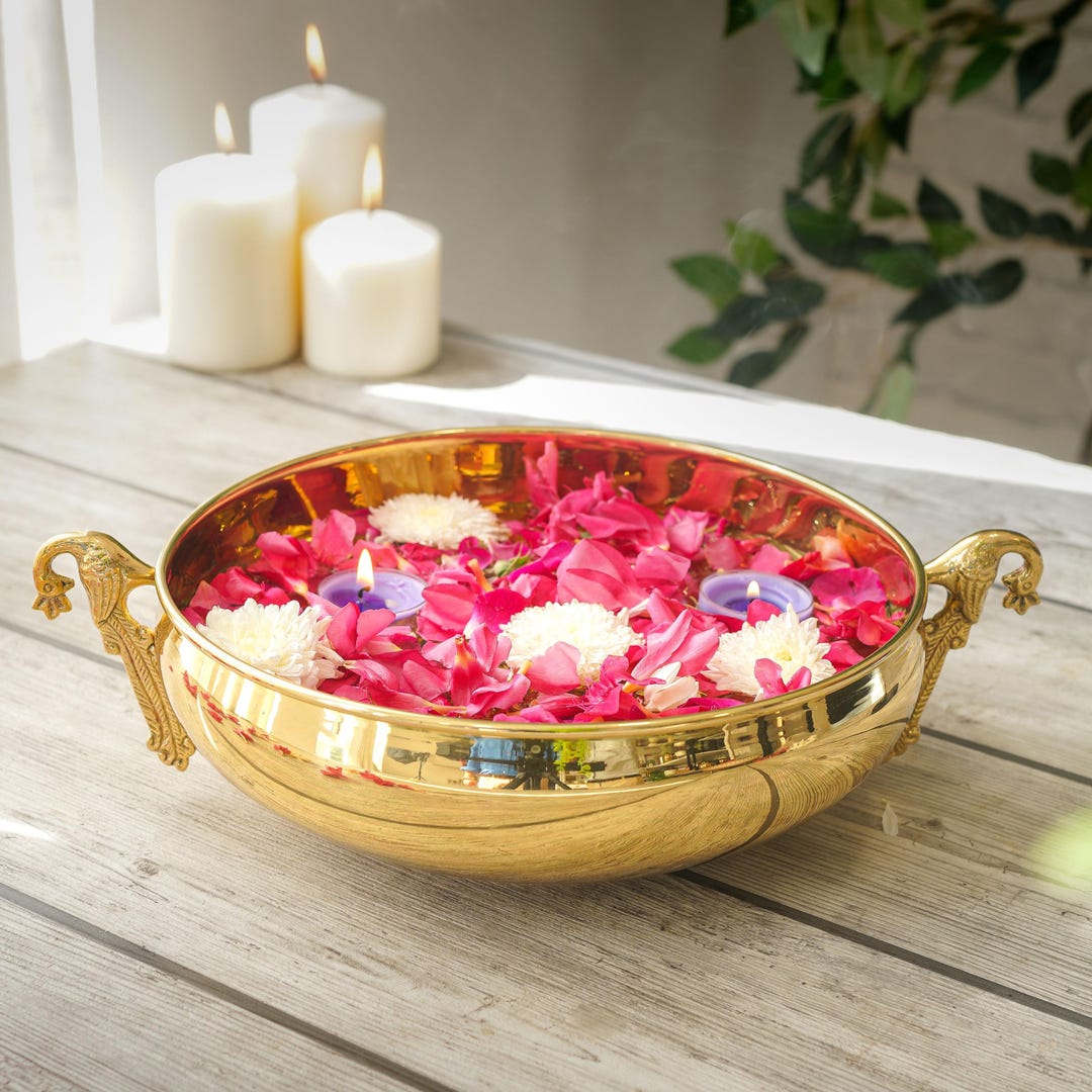 Ethnic Carved Peacock Design 9.5 Inches Brass Urli for Floating Flowers