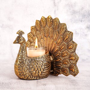 Metal Peacock Statue Sculpture with 1 votive candle, Antique Brass Finish Figurine, Unique Home Décor & Showpiece, Tropical bird miniature