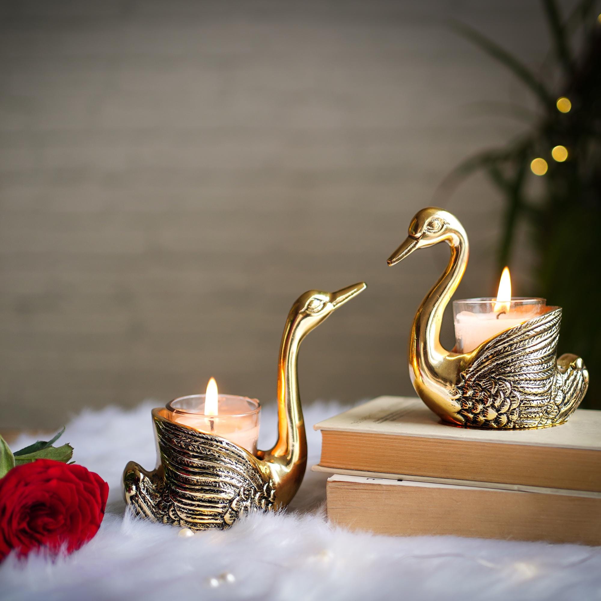 Handcrafted Aluminum Swan Candle Holders, Antique Brass Finish
