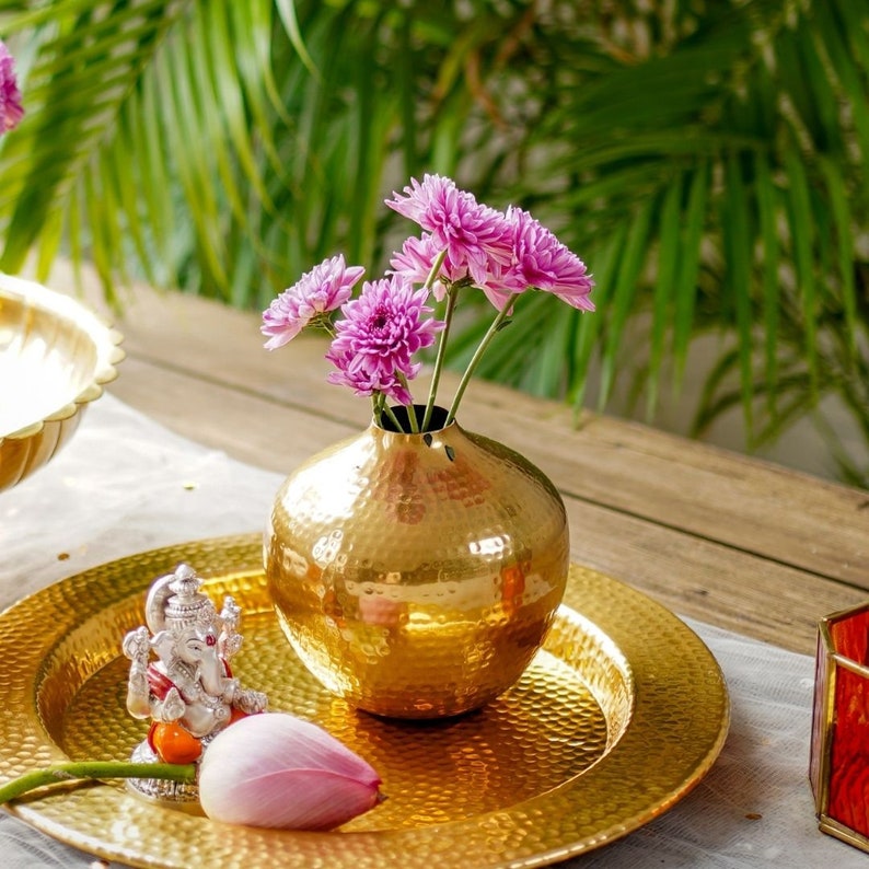 Behoma Golden Hammered Metal Vase for Home Decor, Decorative for Indoor