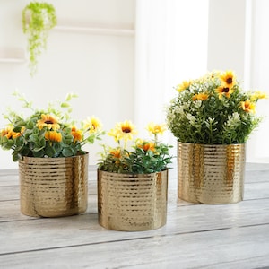 Gold Metal Hammered Cylindrical Planter for Home Decor | Decorative Plant Pot for Indoor Living Room Golden, Birthday Gift, Gift for Friend