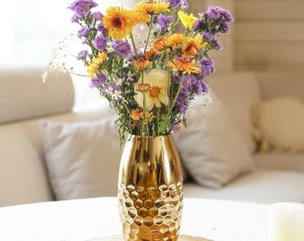 Behoma Golden Hammered Metal Vase for Home Decor, Decorative for Indoor Living Room Coffee Table, Corner Vase, Boho Décor, Birthday Day Gift