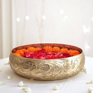 Embossed Aluminum Urli Bowl, Light Gold, Indian Home Decor (9.8")