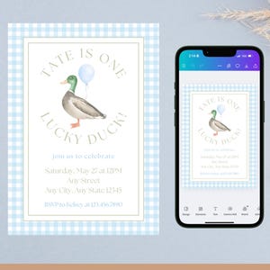 Editable One Lucky Duck Mallard Duck Balloon One Year Old Birthday Party Invitation Printable
