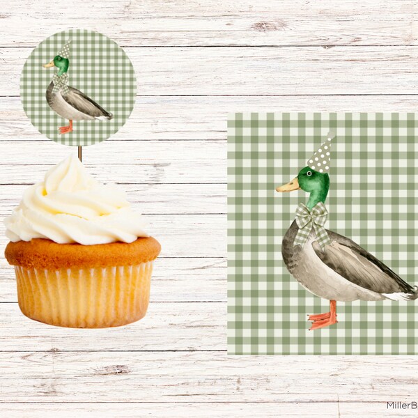 One Lucky Duck Mallard Duck Army Green Cupcake Topper One Year Old Birthday Party Instant Download