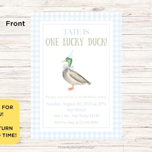 One Lucky Duck Mallard Duck One Year Old Birthday Party Invitation Printable