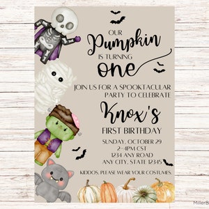 Our Little Pumpkin is ONE Halloween Birthday Party Invitation Printable