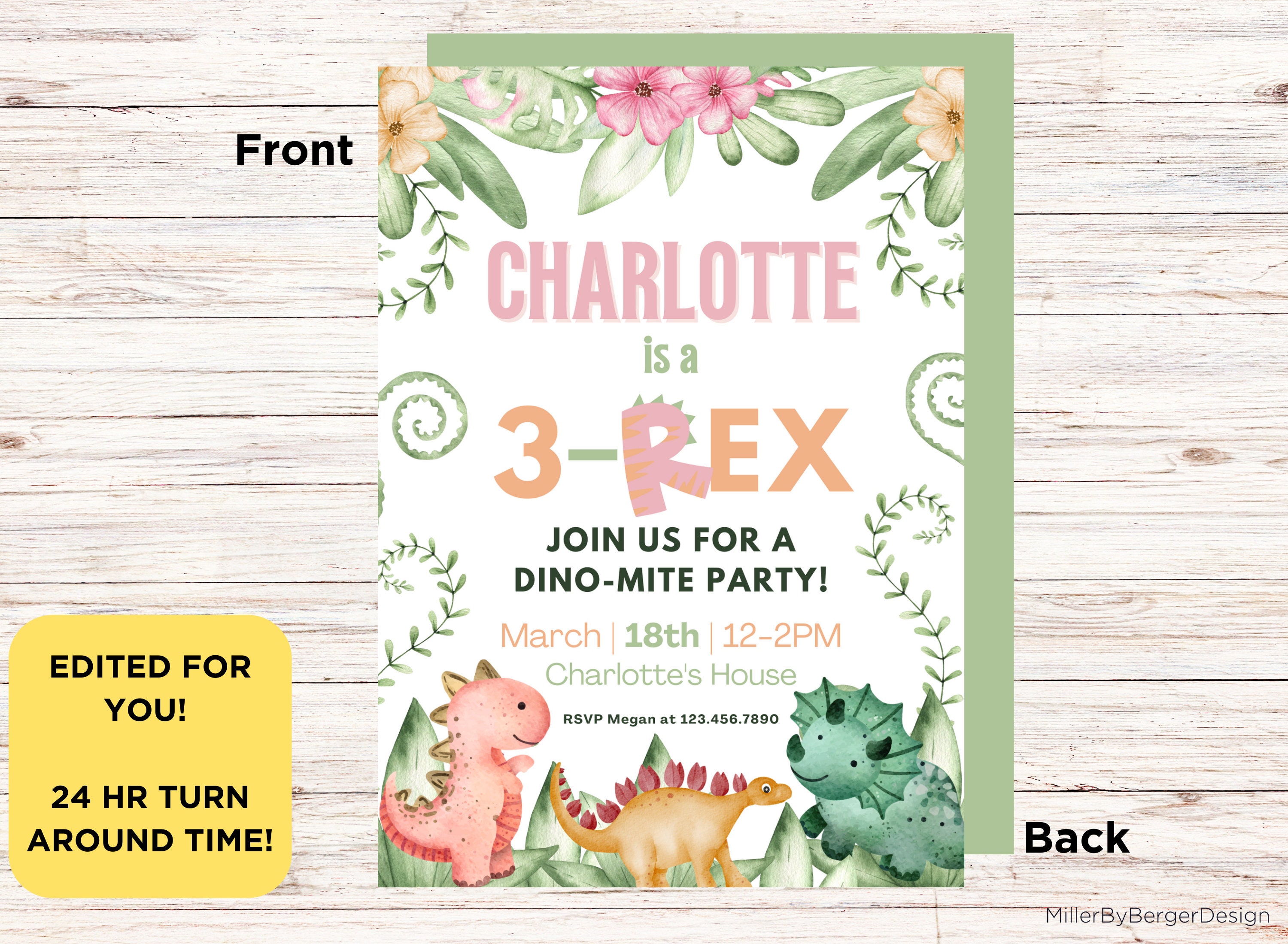 3Rex Watercolor Girl Dinosaur Birthday Party Invitation Printable