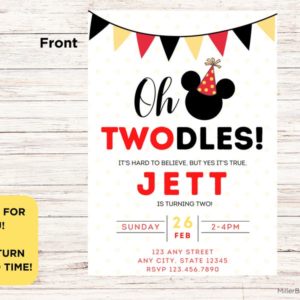 Oh Twodles Mickey Mouse 2nd Birthday Party Invitation Printable