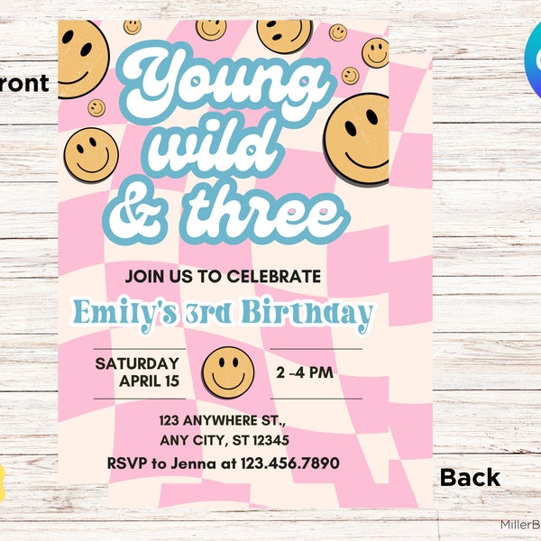 Young Wild and Three Smiley Face 3rd Birthday Party Invitation Instant Download Editable