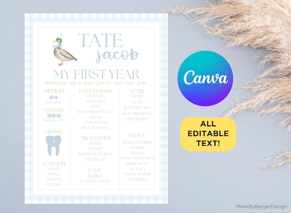 Editable One Lucky Duck Mallard Duck One Year Old Birthday Party Milestone Sign Printable