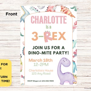 3-Rex Watercolor Girl Dinosaur Birthday Party Invitation Printable