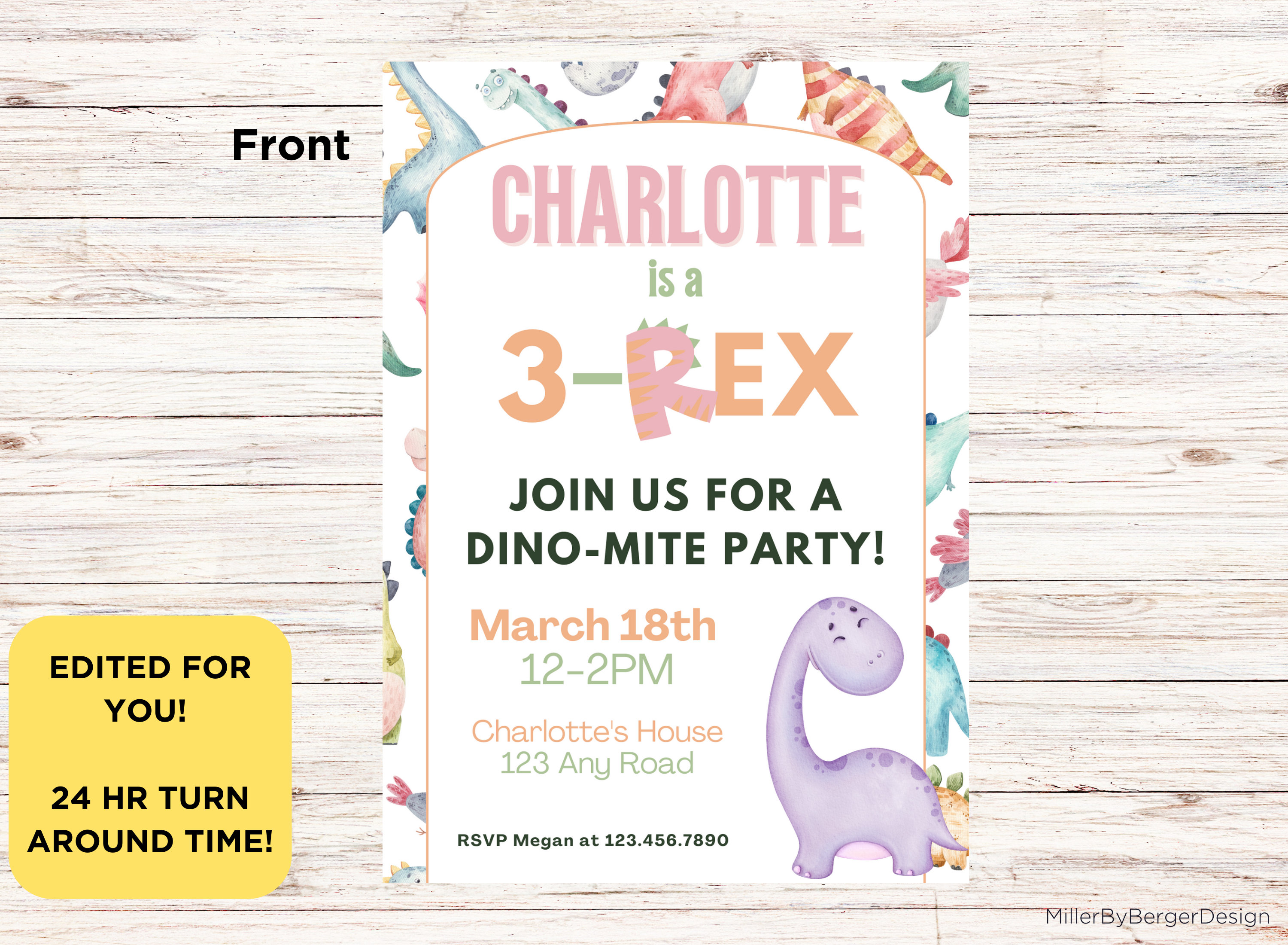 3Rex Watercolor Girl Dinosaur Birthday Party Invitation Printable