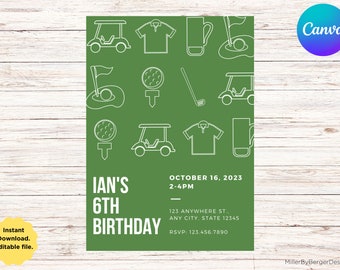 Boy's Golf Birthday Party Invitation Instant Download Editable