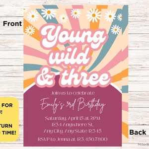 Young Wild and Three 3rd Birthday Party Invitation Printable