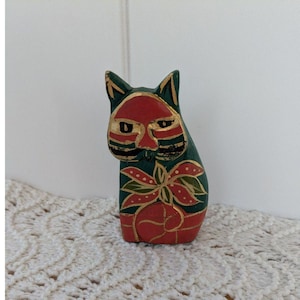 Vintage Laurel Burch Style Painted Wood Cat Figurine - Folk Art