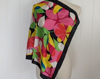 Vintage Echo Scarf - Bright Colorful Flowers - Black Trim - 21&quot; x 21&quot;