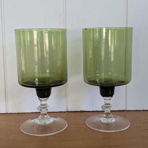 2 MCM Sasaki Avocado Green Footed Drinking Glasses - 6"