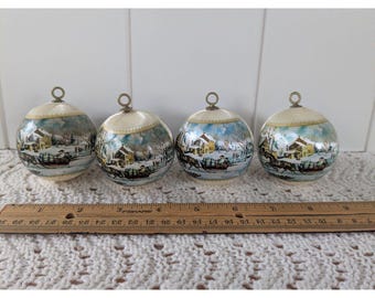 4 Vintage satin-wrapped Christmas ball ornaments - Currier & Ives Winter Scene