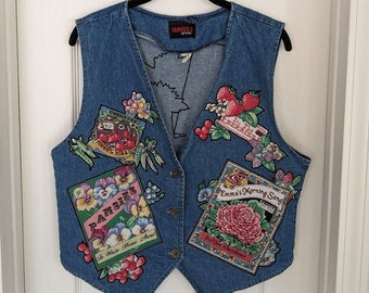 Vintage Sunbelt Sportswear Denim Vest w/ Gardening Themed Embellishments - Lrg