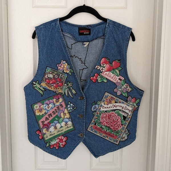 Vintage Sunbelt Sportswear Denim Vest w/ Gardening Themed Embellishments - Lrg