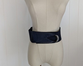 Cintura vintage argentata con mezzaluna e chiusura con gancio - Blu navy - Pelle ed elastico