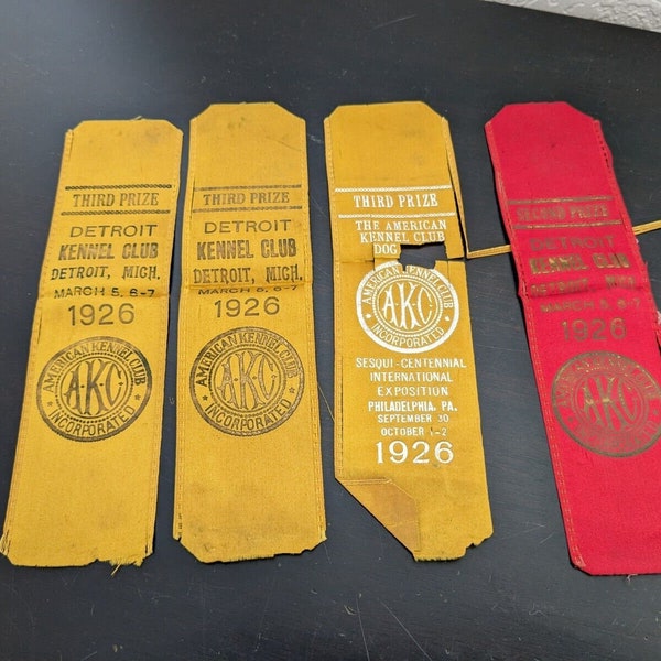 Antique AKC 1926 Detroit Kennel Club Ribbons - Very Fragile - 2nd & 3rd Prize