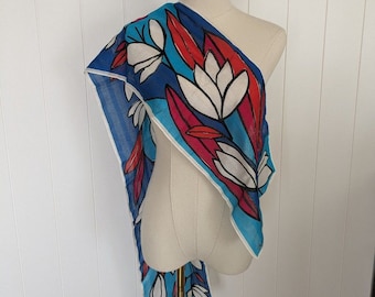 Sciarpa Vera con disegno floreale - Rettangolare - 57" x 10" - Blu, Rosa, Rosso, Bianco
