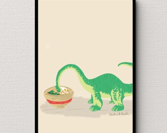 Muurkunst | DINO RAMEN | Digitale afdruk | Dierenkunst | Dinosaurus | Eten | Kleur |