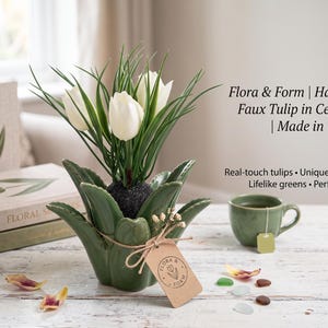 Artificial tulip arrangement in a green cactus ceramic pot | Handmade artificial flower home decor | Low-maintenance table decoration, spring decor