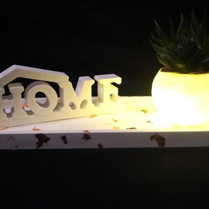 Può includere: Un elemento decorativo per la casa con un vassoio ovale bianco con macchie dorate. Il vassoio contiene un globo luminoso con una pianta succulenta e un cartello "HOME" bianco. Lo sfondo è scuro.