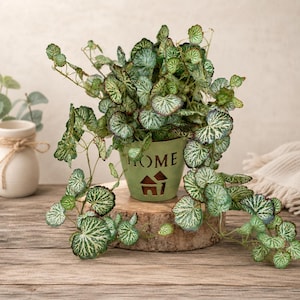 Artificial hanging plant in a "HOME" metal pot | Lifelike artificial plant for shelves & windowsills | Country-style decor