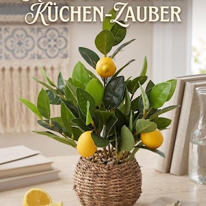 Peut inclure: Un citronnier artificiel avec des feuilles vertes et trois citrons jaunes dans un panier tressé rond rempli de petits cailloux. Le texte "HANDGEMACHTER KÜCHEN-ZAUBER" est affiché en haut. Une petite assiette avec des tranches de citron et une cuillère sont à proximité.