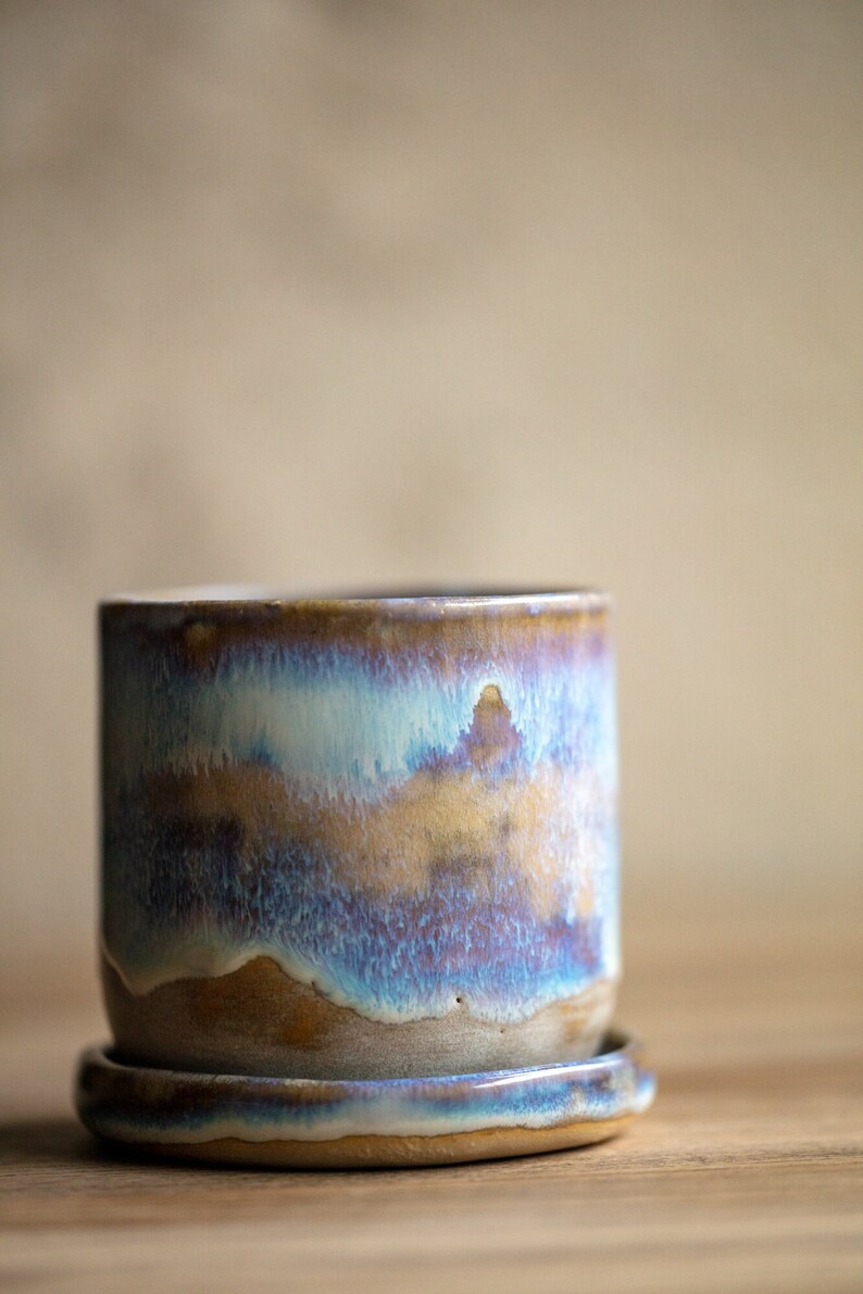 Handmade coral blue ceramic mug, Stoneware ceramic, Coffee mug, Set with plate image 1