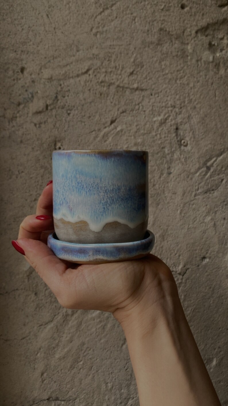 Handmade coral blue ceramic mug, Stoneware ceramic, Coffee mug, Set with plate image 3