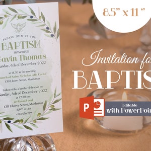 Modern Christening Invitation, Boy Baptism Invitation Template, Green Olives Invite Template, Green Watercolor Boys