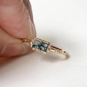 Natural Baguette Shaped Moss Agate Engagement Ring 14K vermeil Rose Gold Promise Ring Nature Inspired Anniversary Jewelry Gift for Women